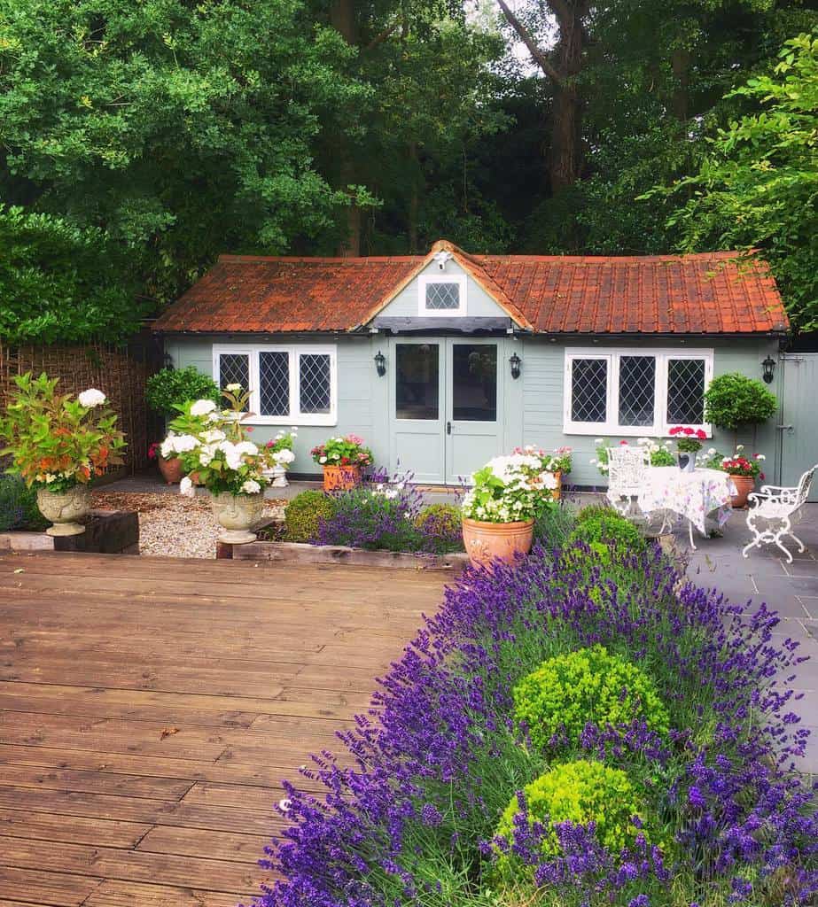 backyard shed wood deck garden flower bed outdoor set