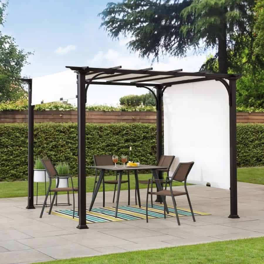 small white sheet backyard gazebo tile patio