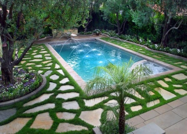A rectangular pool with water jets, surrounded by stone and grass paths, trees, and a small palm in a landscaped yard