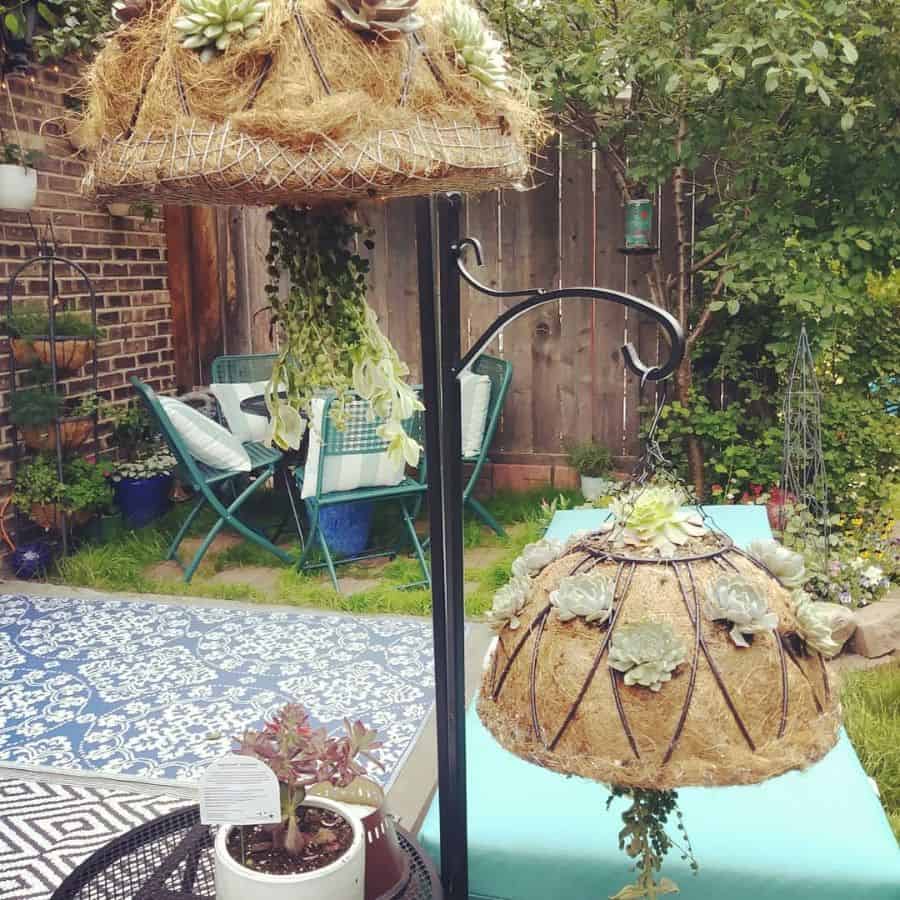 small backyard patio with pattern rug