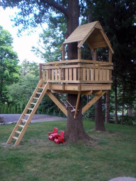 Wooden treehouse with a slanted roof, ladder, and two red chairs beneath it in a grassy area
