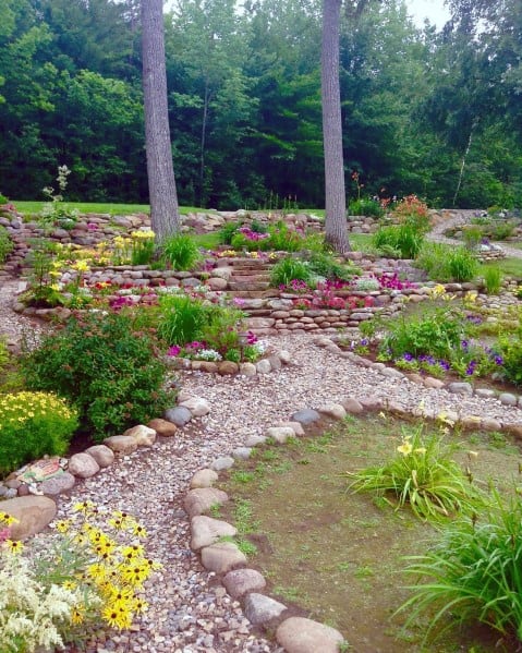 A beautiful garden walkway with stone edging, featuring vibrant flowers and lush greenery along the path