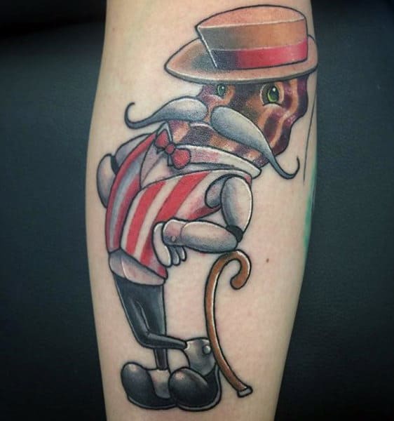 Bacon With Largegrey Moustache And Hat Tattoo Male Forearms