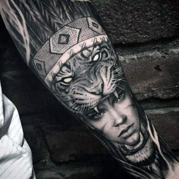 Badass Forearm Sleeve Guys Tiger With Female Indian Portrait Tattoo