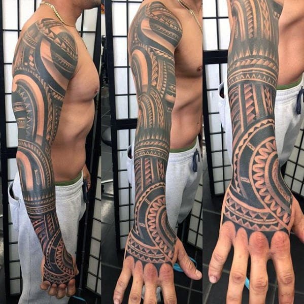 Badass Full Arm Sleeve Tribal Tattoos Men