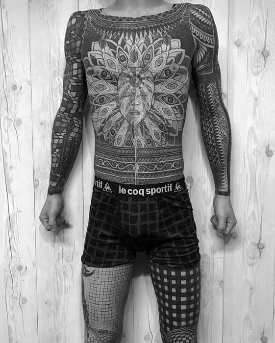 Badass Geometric Pattern Sun Chest Tattoos For Men