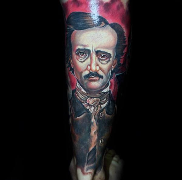 Realistic Edgar Allan Poe tattoo with intense shading, detailed facial features, and a red smoky background for a dramatic effect.