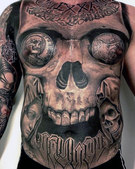 Badass Guys Skull Black And Grey Ink Chest Tattoos