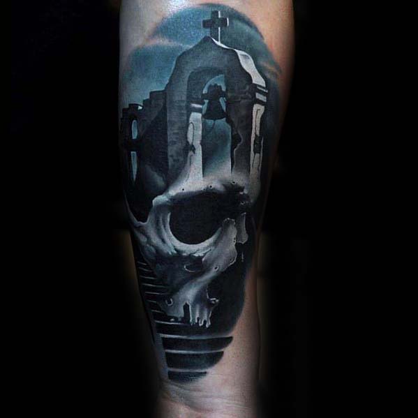 Badass Male Forearm Tattoo With Skull And Church Stone 3d Design