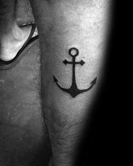 Badass Mens Black Ink Anchor Tattoo Design On Back Of Leg