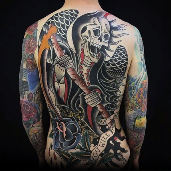 Badass Mens Tradtional Old School Grim Reaper Tattoo On Back