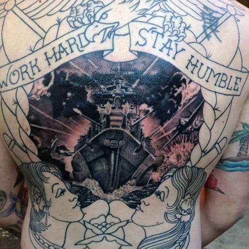 Badass Mens Work Hard Stay Humble Navy Ship Back Tattoo Designs