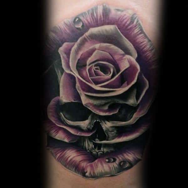 A skull emerges hauntingly from a vibrant purple rose, adorned with glistening water droplets