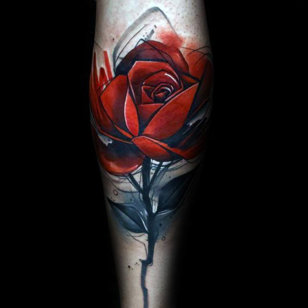A striking tattoo of a red rose with black leaves graces the forearm, its vibrant hue standing out boldly
