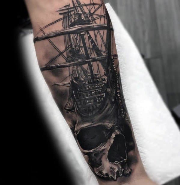 Badass Skull Sailing Ship Forearm Tattoos For Gentlemen