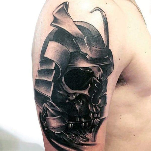 Badass Skull Samuari Helmet Arm Male Tattoo Designs