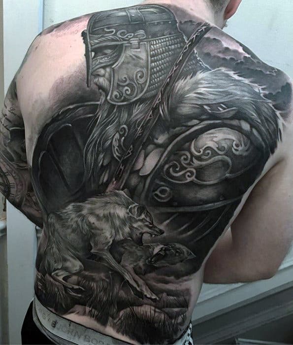 Badass Viking Warrior With Wolf Mens Tattoo On Back