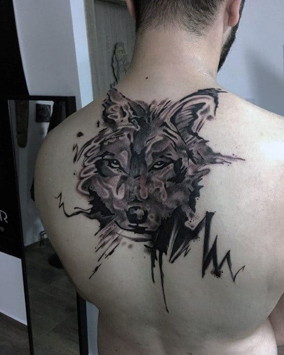Badass Watercolor Mens Upper Back Wolf Tattoos