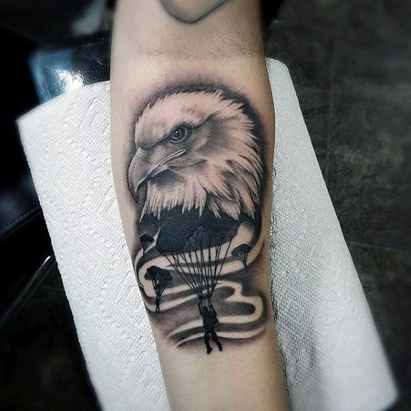 Bald Eagle Airborne Parachute Mens Inner Forearm Tattoo Ideas