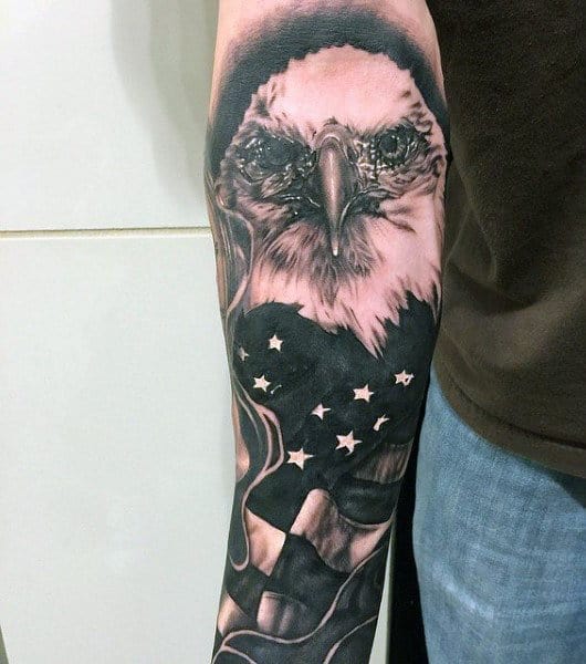 Bald Eagle American Flag Tattoo For Males On Forearm