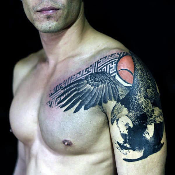 Bald Eagle Artistic Design With Orange Sun Mens Shoulder And Arm Tattoo