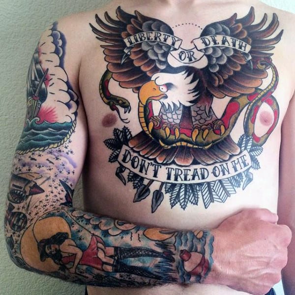 Bald Eagle Banner Male Traditional Tattoo On Chest