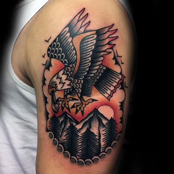 Bald Eagle Flying Over Mountain Guys Traditional Bird Arm Tattoo