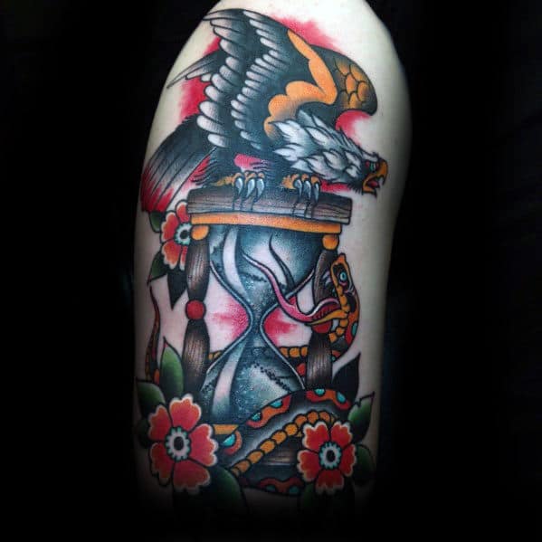 Bald Eagle Flying With Hourglass Male Traditional Tattoo On Arm