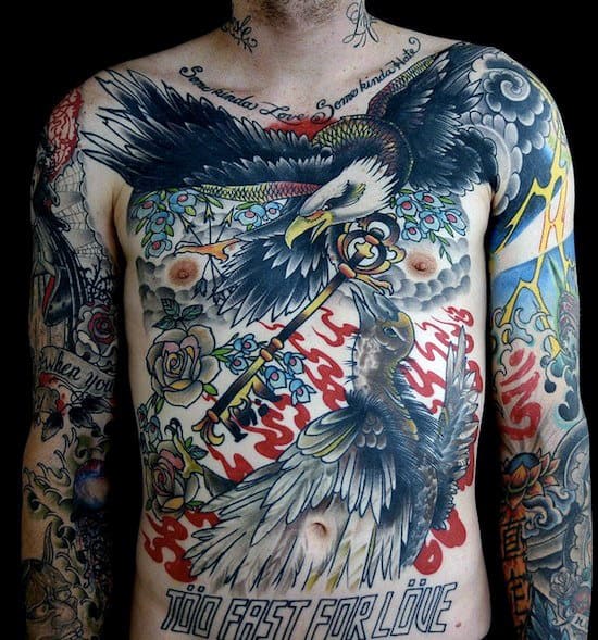 Bald Eagle Flying With Key Mens Chest Tattoos