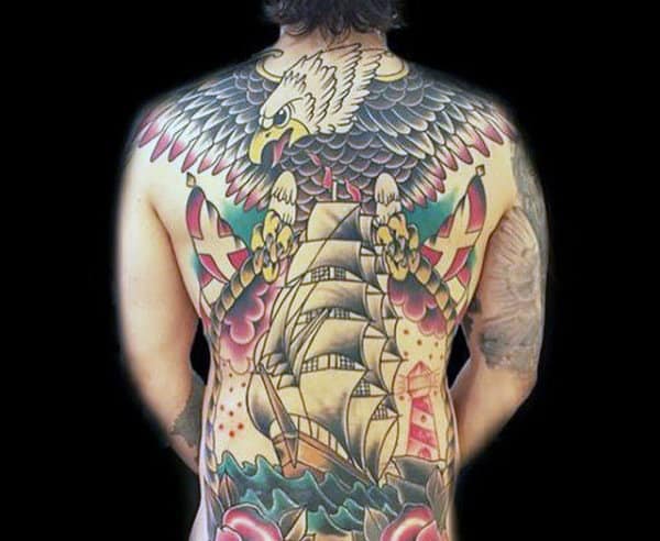 Bald Eagle Full Back Sailing Ship Male Traditional Tattoo Designs