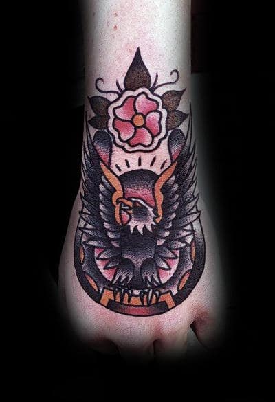 Bald Eagle Horseshoe Tradtional Foot Tattoos For Guys