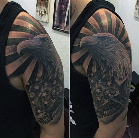 Bald Eagle Tattoo With Halo On Mens Arms