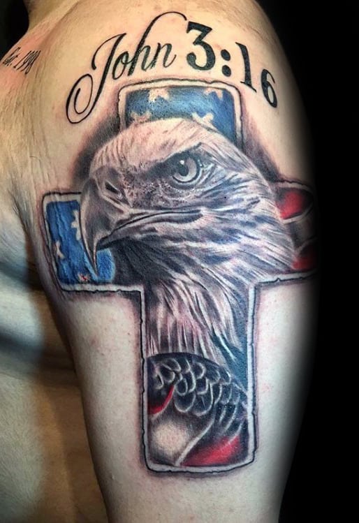 Bald Eagle With Cross And John 316 Mens Religious Arm Tattoos