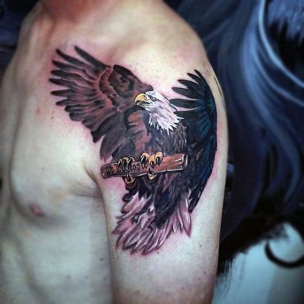 Bald Eagle With We The People Paper Scroll Mens Upper Arm Tattoo