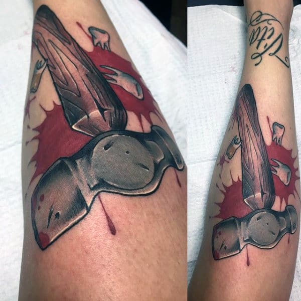 Ball Peen Mens Red Ink Arm Hammer Tattoo