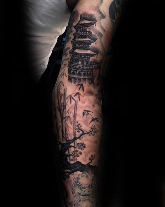 Bamboo With Japanese Temple Guys Inner Arm Tattoo Ideas