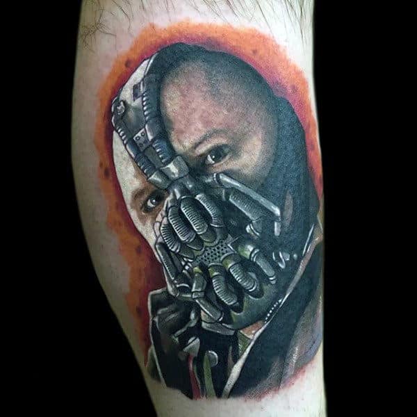 Bane Portrait With Orange Background Mens Leg Tattoos