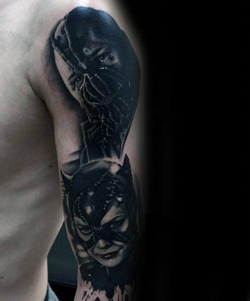Bane With Bat Woman Guys Full Arm Tattoos