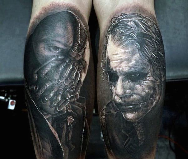 Bane With Joker Mens Back Of Leg Tattoos