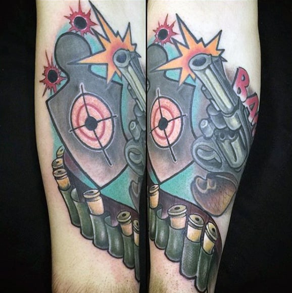 Bang Bang Pistol Tattoo On Calves For Males