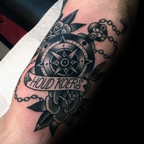 Banner Compass Mens Traditional Inner Arm Bicep Tattoos