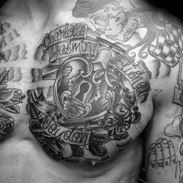 Banner Mens Lock Chest Tattoos