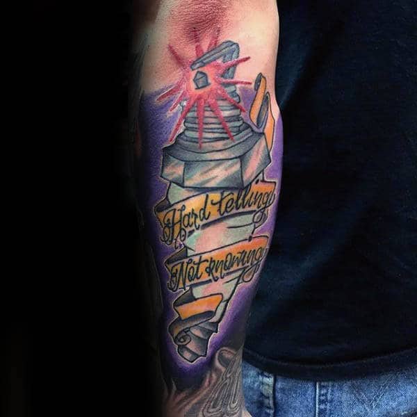 Banner Mens Spark Plug Outer Forearm Tattoos