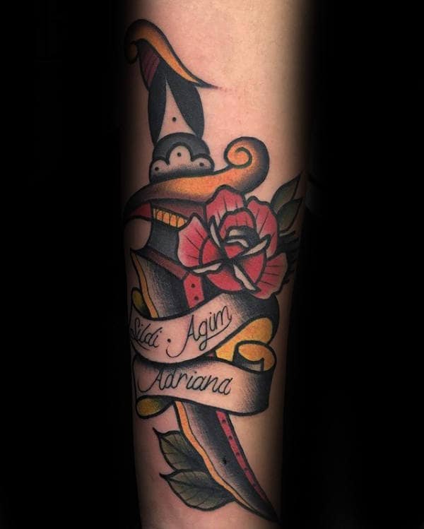 Banner Rose Traditional Dagger Male Forearm Tattoos