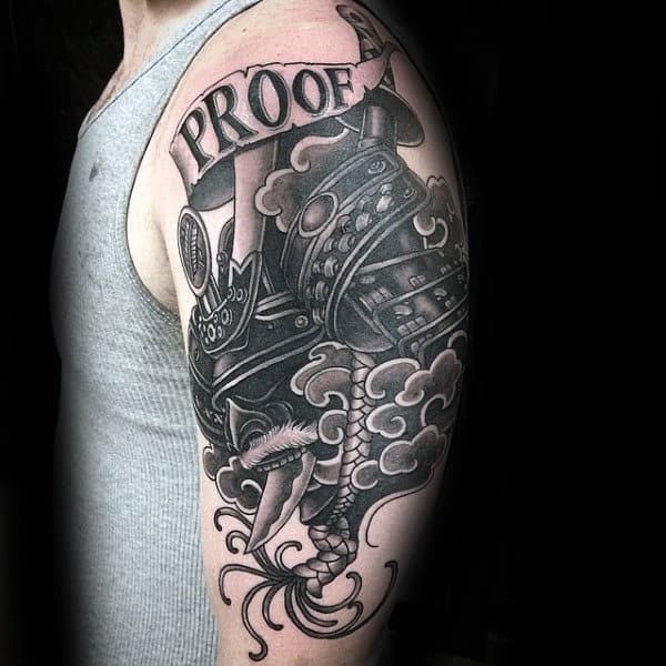 Banner Samurai Helmet With Katana Guys Upper Arm Tattoos