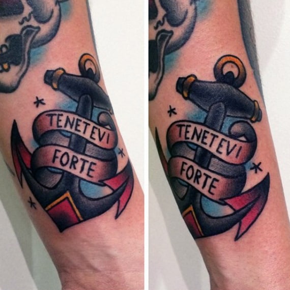 Banner Traditional Anchor Mens Lower Forearm Tattoo Designs