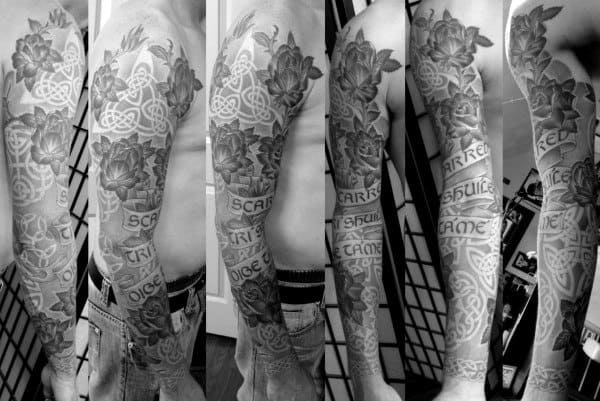 Banner With Celtic Font Mens Full Sleeve Tattoo Design