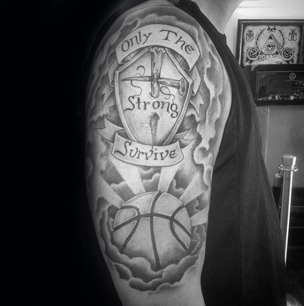 Banner With Cross And Basketball Mens Only The Strong Survive Arm Tattoo
