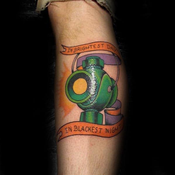 Banner With Green Lantern Guys Leg Calf Tattoo