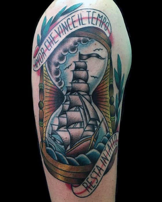Banner With Sailing Ship Hourglass Mens Old School Traditional Arm Tattoos